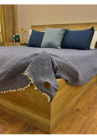 Denim Mavi 4 Katlı Çift Taraflı Çift Kişilik Müslin Battaniye %100 Pamuk 230x240 Cm Koyu Mavi