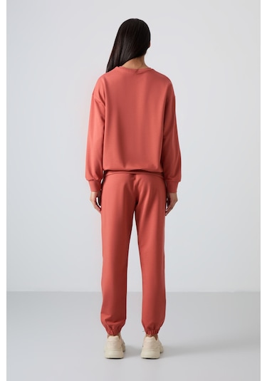 Tommy Life Tarçın Basic Pamuklu O Yaka Oversize Lastik Paça Kadın Eşofman Takım - 95287 Tarçın