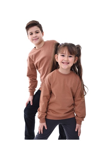 Basic Bisiklet Yaka Şardonlu Çocuk Sweatshirt 3-10 Yaş Krem Kahverengi