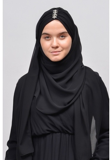 Altobeh Zarif Taşlı Drapeli Hazır Pratik Şifon Kadın Tesettür Şal - Siyah