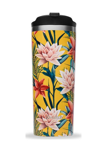 Qwetch QM6015 Tropik Çiçek Desenli Isı Yalıtımlı 470 ML Termos Mug- Sarı