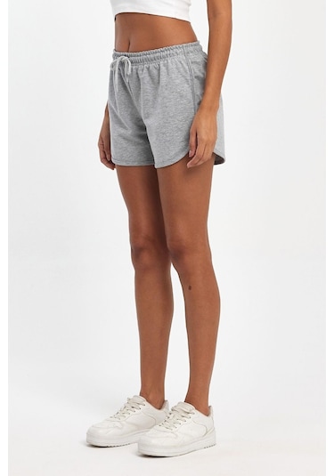 Kadın Yırtmaçlı Mevsimlik Premium Kumaş Regular Fit İpli Gri Kısa Mini Şort