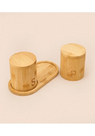 Mien 2'li Mıknatıslı Çevir Aç Kapak Bambu Standlı Kavanoz Baharatlık Seti 858 Ahşap