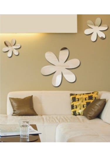 M3 Decorium 3'Lü Papatya Papatyalar Çiçekler Büyük Dekoratif Ayna Gümüş