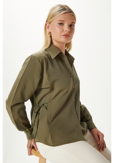 Kadın Adrian Yan Bağlama Detaylı Haki Gömlek Haki