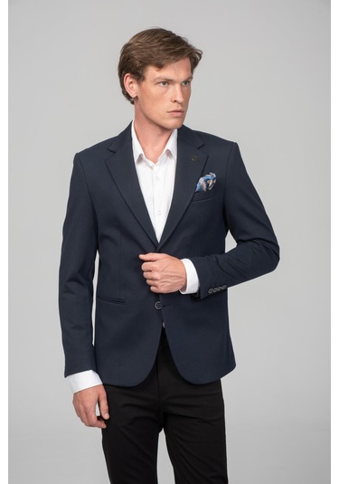 Cekmon Erkek Astarlı Çift Yırtmaçlı Örme Esnek Kumaşdan Yakası Ve Mendili Detaylı Klasik Ceket 001