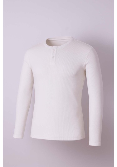 Trender Düğmeli Waffle Ekru Erkek Sweatshirt 5070 Ekru