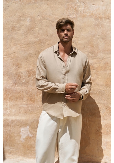 Mai Collection Mai Studios Co. Agnola Oversize Erkek Bej Keten Gömlek Bej