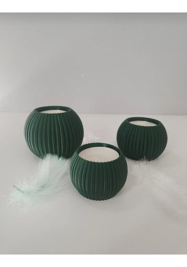 3 Lü Tealight Mumluk Seti Dekoratif Ev & Salon Mumluğu Hediyelik Set Koyu Yeşil