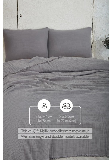 Müslin%100 Pamuk Tek Kişilik Yatak Örtüsü Pike Takımı 4 Katlı Yumuşak Battaniye 2 Parça Antrasit Gri