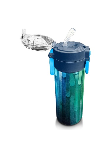 Coral High Kids Lacivert Renkli Çizgili Desenli Pipetli Ve Direkt İçim Çelik Termos 500 Ml 31890 Açık Mavi - Sarı