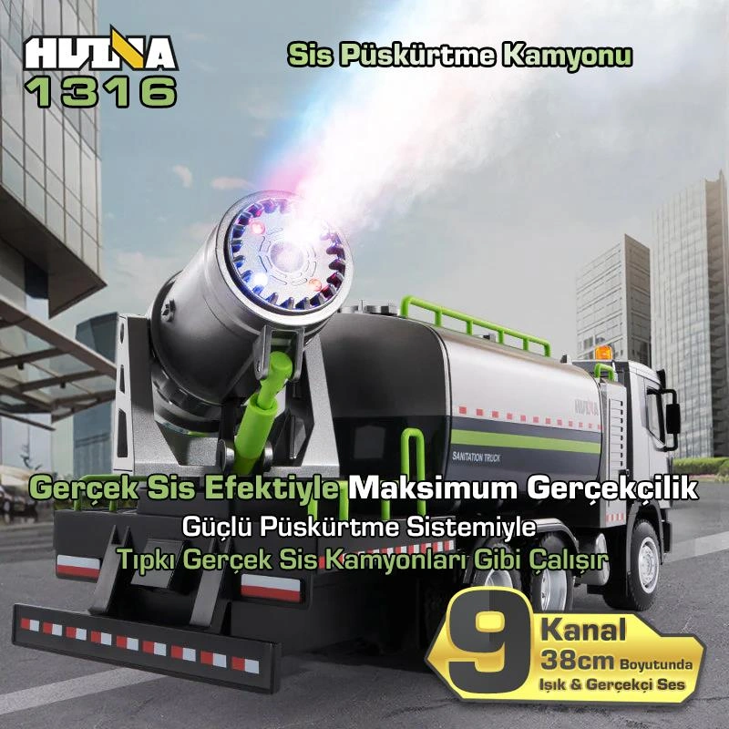 Huına 1316 1/18 Rc Sis Püskürtme Kamyonu İş Makinesi Uzaktan Kumandalı Rc Model - 2.4ghz Gerçekçi Similasyon Ses Ve Işık Sistemi