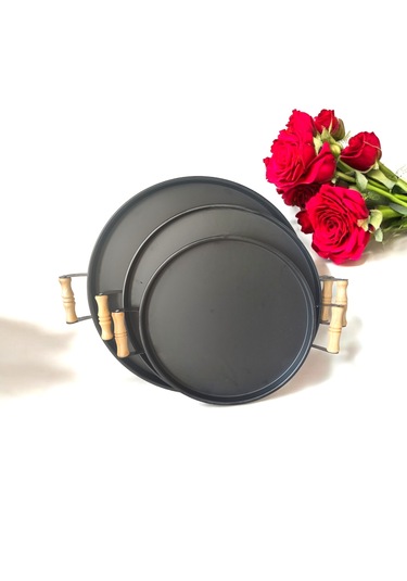 Tepsi Seti Ahşap Kulplu Siyah Metal Çay Tepsisi Kahve Tepsisi