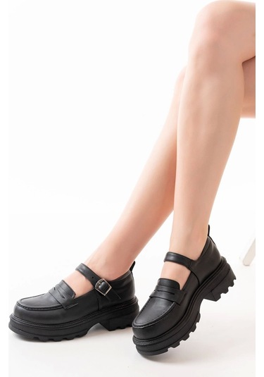 Siyah Kadın Günlük Yüksek Tabanlı Loafer Ayakkabı Siyah