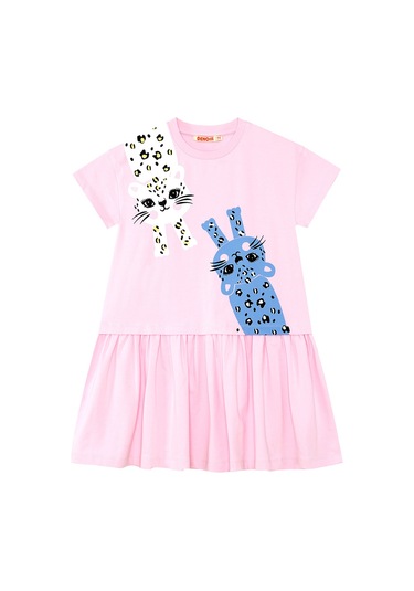 Denokids Muzip Kediler Kız Çocuk Elbise Pembe