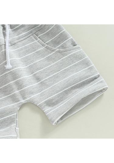 Haki Erkek Bebek Yaz Kıyafetleri Çizgili Kısa Kollu Kapşonlu Kazak Ve Günlük Elastik Büzgülü Şort Takım 0 - 6 Ay Haki