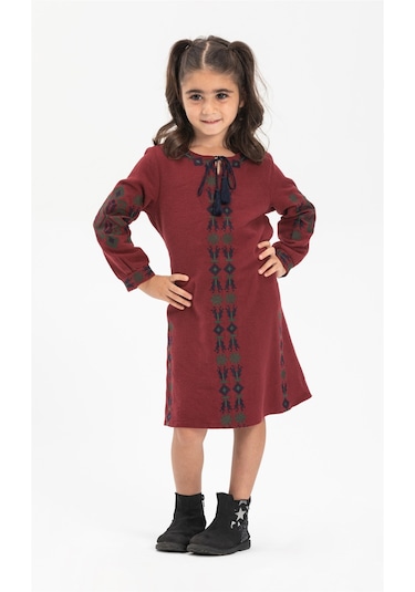 Uzun Kol Mahur Çocuk Pazen Elbise Bordo Brd Bordo
