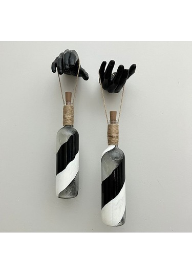 Siyah Heykel El Dekorlu Pilli Led Işıklı Vitray Cam Şarap Şişesi Çok Renkli