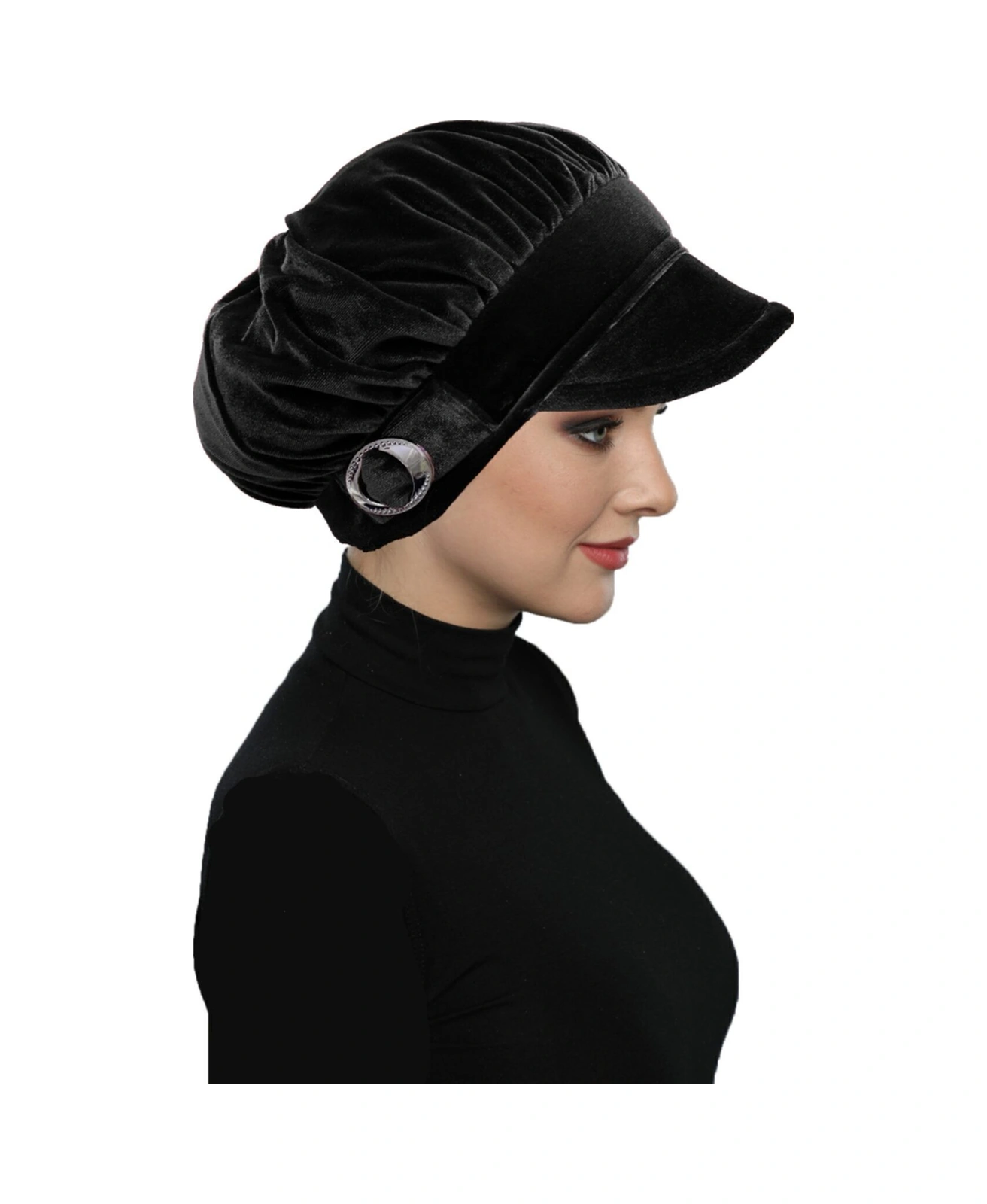 Kadife Şapka Toka Detaylı Siyah Hazır Türban Tesettür Bone Siyah