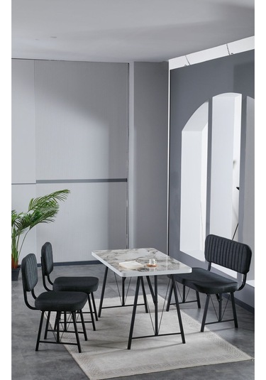 Elfin 70x110 Efes Yemek Masası, Yemek Masası Takımı, 2 Sandalye 1 Bench - Antrasit Antrasit