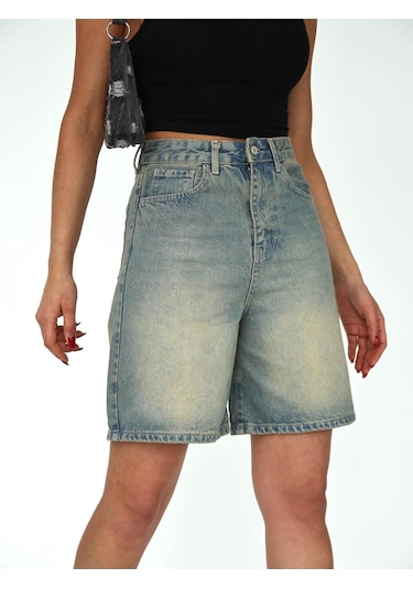 Boru Paça Denim Şort Mavi+tint