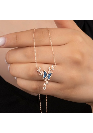 925 Ayar Gümüş Zirkon Taşlı Mavi Daldaki Kelebek Kolye