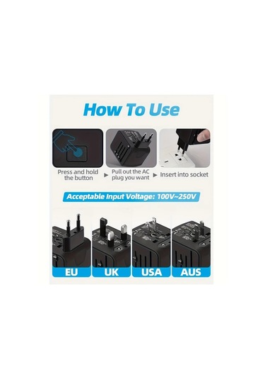 Fochsia Black Global Seyahat Adaptörü Tip C 3 Usb Port Ve Ac Prizli Evrensel Seyahat Şarj Aleti