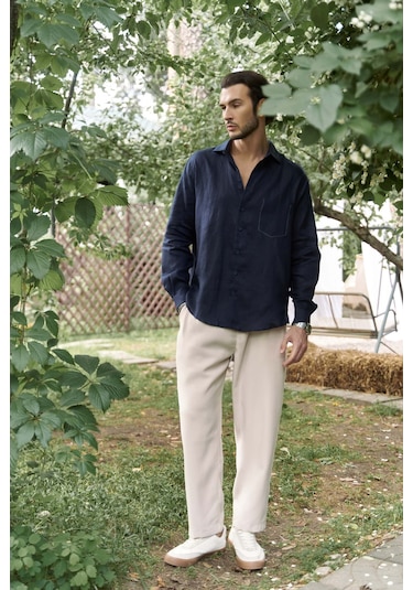 Mai Collection Mai Studios Co. Ombretta Lacivert Keten Oversize Erkek Gömlek Lacivert
