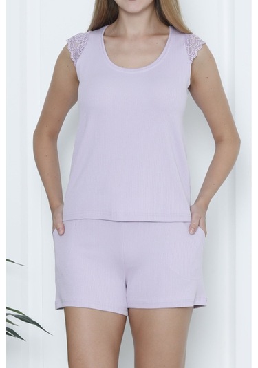 Kadın Şortlu Pijama Takımı Dantelli Sıfır Kol Likrali Cepli Kaşkorse Lila LILA