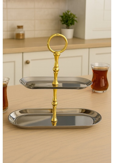 2 Katlı Kayık Tepsi Paslanmaz Çelik Sunumluk,kurabiyelik,makaronluk,söz,nişan Masa Aksesuarı,çeyiz Gold