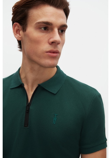 Twn Slim Fit Haki Pike Dokulu Yarım Fermuarlı Polo Yaka T-shirt 4ec14ortfrplo Haki