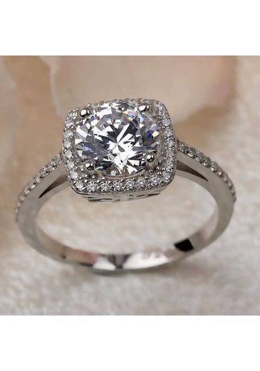 Gumush Gümüş Kare Tek Taş Bayan Yüzük