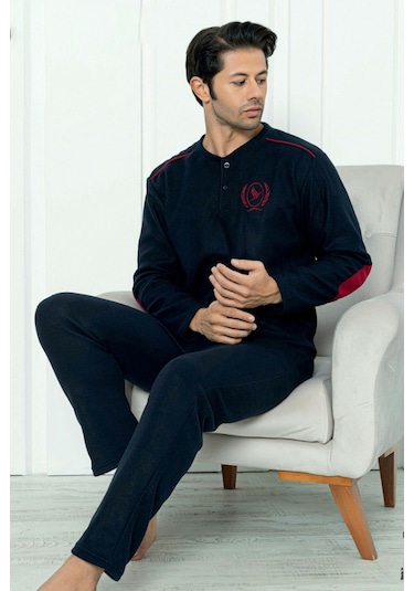 Flkm 7201 Polar Kışlık Erkek Ev Cepli Ev Pijama Takımı Uyku Takımı Lacivert