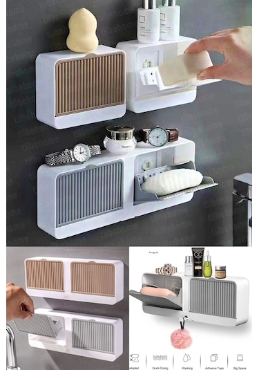 2 Bölmeli Yapışkanlı Duvara Monte Mutfak Banyo Katı Sabunluk Gri