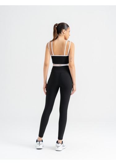 Çapraz Beli Beyaz Biye Detaylı Spor Tayt Siyah
