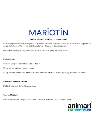 Animari Mariotin Kedi ve Köpekler İçin Vitamin Mineral 50 Tablet