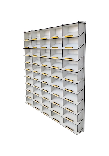 Eğimli 50 Araçlık Beyaz Ahşap Hobi Oyuncak Araba Rafı