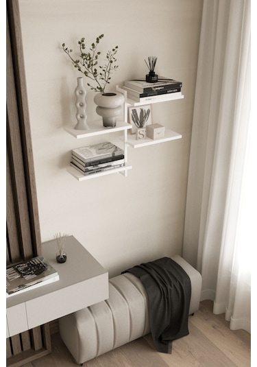 Aju 4 Katlı Duvar Rafı Metal Çerçeveli Dekoratif Kitaplık Ve Raf Ünitesi Modern Tasarım Beyaz