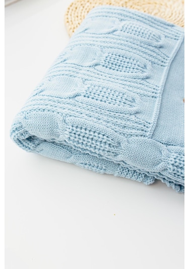 Ayıcık Figürlü Triko Bebek Battaniyesi Mavi