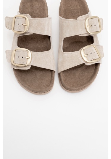 Ovesta Açık Bej Süet Hakiki Deri Çift Bantlı Kadın Terlik Bej