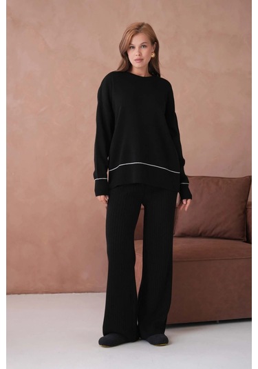 Kadın Bisiklet Yak Adüşük Kol Kazak Fitilli Pantolon İkili Triko Takım Siyah