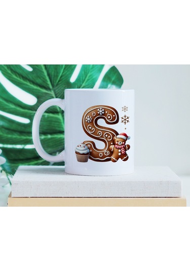 S Kurabiye Harf Ve Ayıcık Detaylı Kupa Bardak - Yeni Yıl / Yılbaşı Temalı Tasarım - Noel Hediye Beyaz