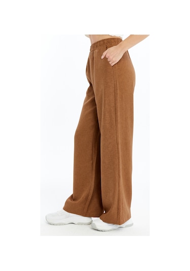 Genius Store Kadın Pantolon Keten Karışımlı Beli Lastikli Kırışmaz Kumaş Pantolon Keten-pantolon Kahverengi