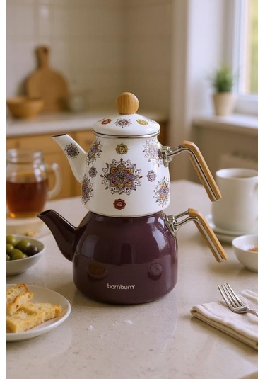 Bambum Unique - Bambu Kulplu Emaye Çaydanlık Takımı Mor