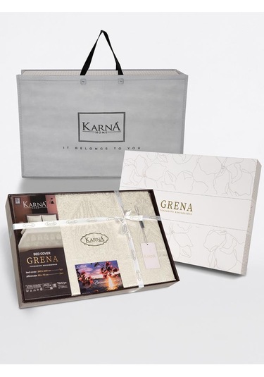 Jakarlı Grena Yatak Örtüsü Seti Krem