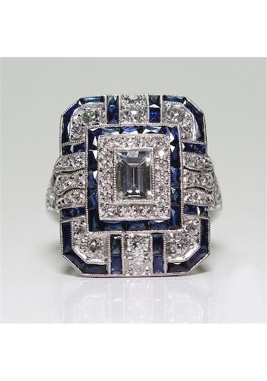 Luxury Square Women Crystal Zircon Engagement Ring, Ring Size:8 Blue Çok Renkli