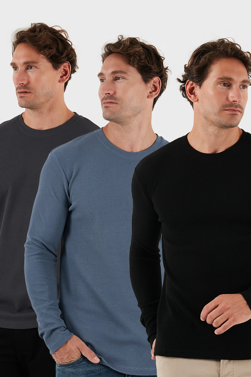 Buratti Pamuklu Bisklet Yaka Slim Fit Basic 3'Lü Paket Erkek Sweat 5905073S3 Antrasit-Koyu Gri-Siyah