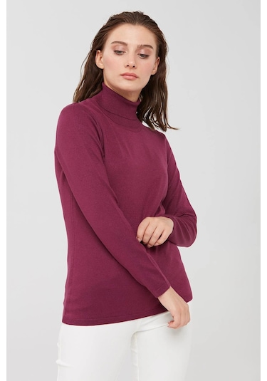 Desen Triko Kadın Likralı Uzun Kollu Basic Tam Balıkçı Bluz 20017 Mürdüm Mürdüm