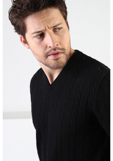 Ferraro Siyah V Yaka %100 Kuzu Yünü Erkek Kazak Siyah