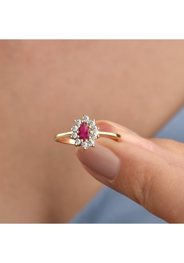 14 Ayar Mikron Altın Kaplama Kırmızı Taşlı Damla Halo Yüzük Vintage Still - Rs00118 Altın